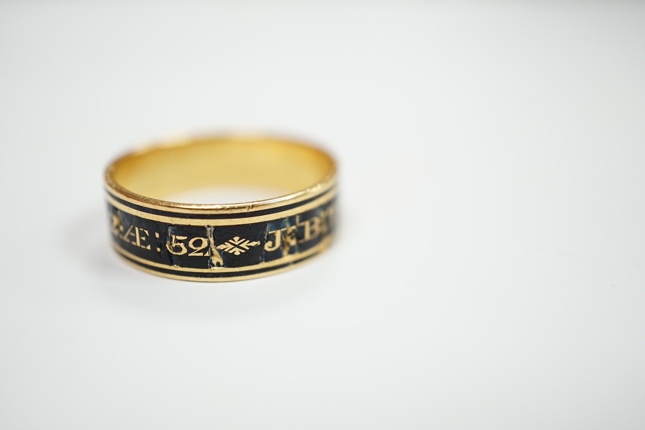 A George III yellow metal and black enamel set mourning band, inscribed ' J.B. Tippetts ob.28 June, 1782, ae.52', size P, gross weight 4.9 grams.